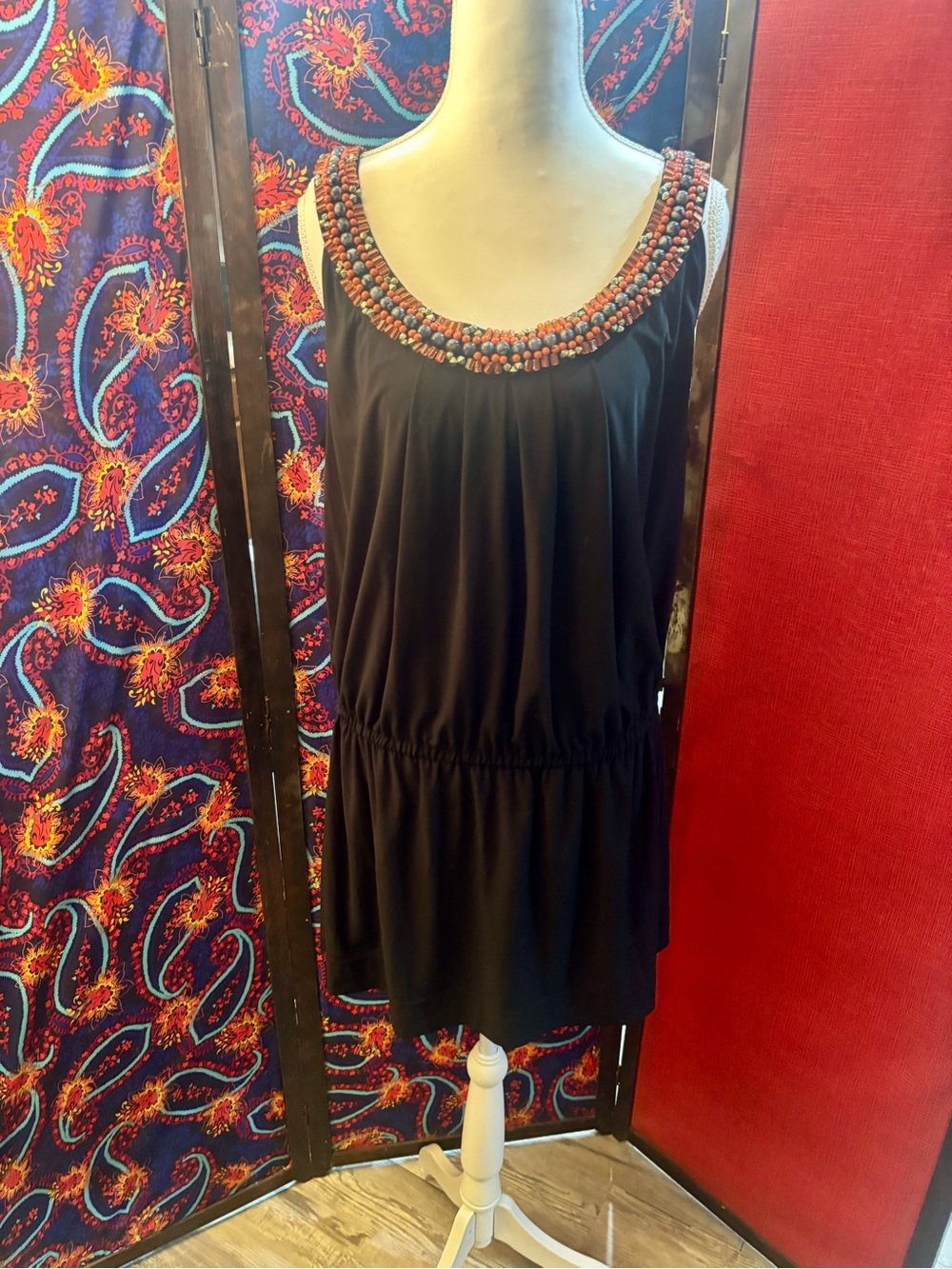 White House Black Market Black Sleeveless Top,Multicolor Beaded Neckline, new